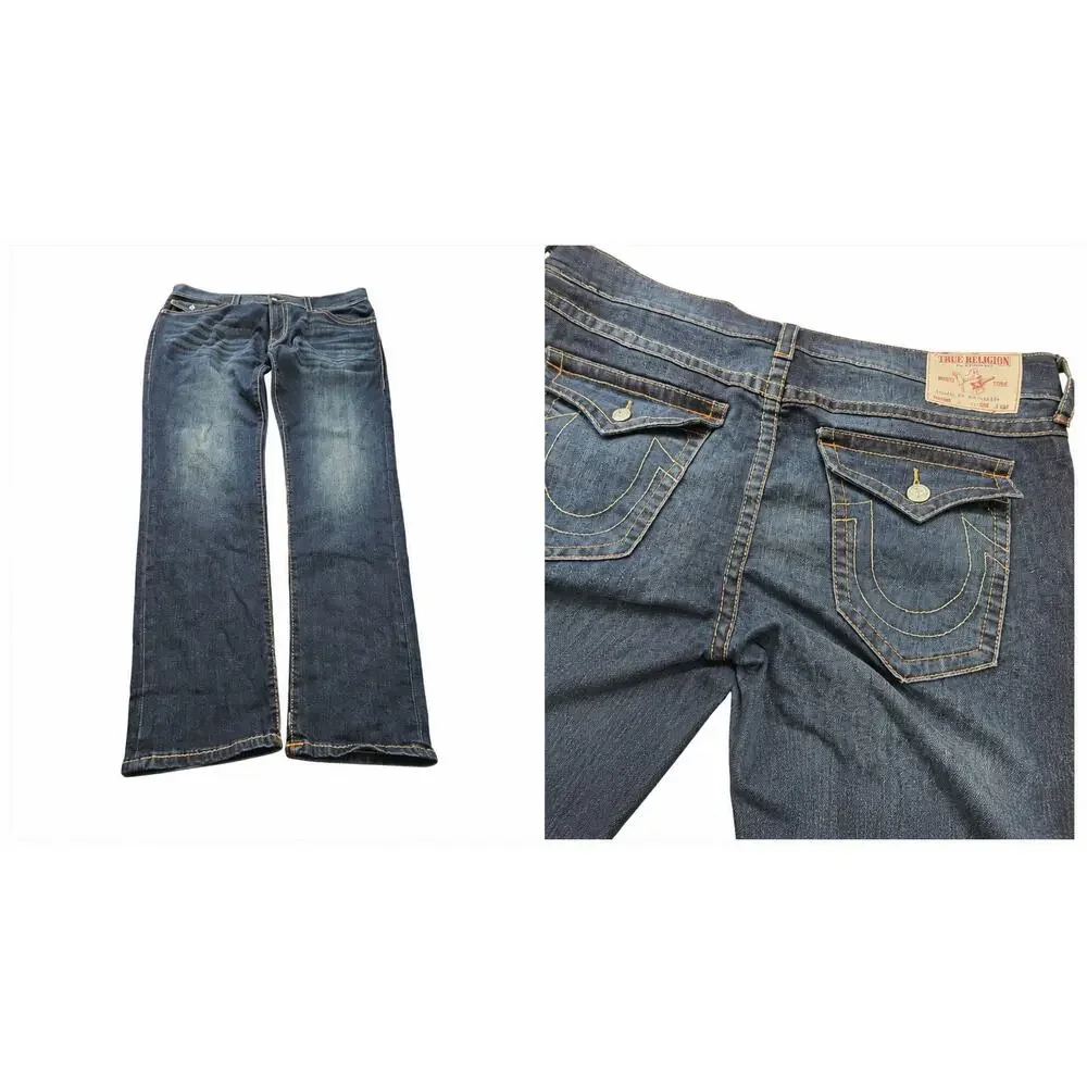 True Religion Rocco Relaxed Skinny Jeans Men 42 Dark Wash Flap Pocket Stretch